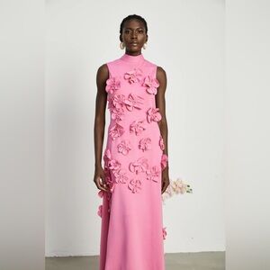 MISS ROSIER MAGALI BOW-TIE FAUX-FLOWER EMBELLISHED SLEEVELESS MAXI DRESS IN PINK